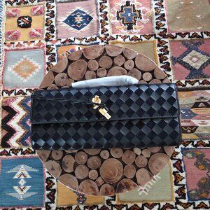 Black Woven Suede Leather Clutch Shoulder Bag with Gold Turn Lock Closure New wi